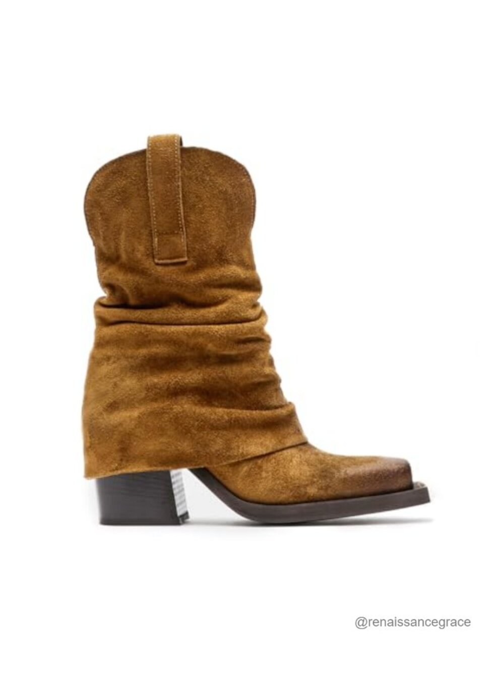 Suede Fold Over Mid Calf Boots Square Toe Chunky Block Heel Pull On